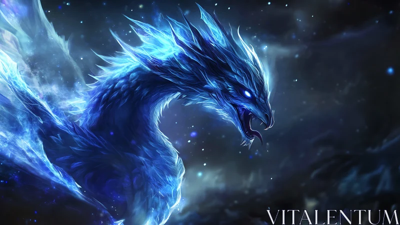 Luminescent blue dragon form against deep space backdrop.