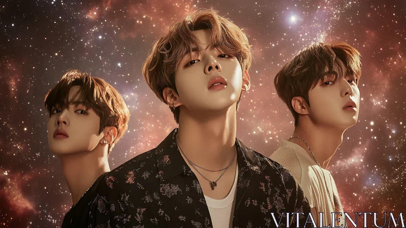 Triadic portrait of stylized male idols against nebular cosmos