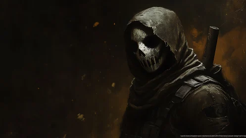Tactical specter in hooded skull mask under low-key lighting.