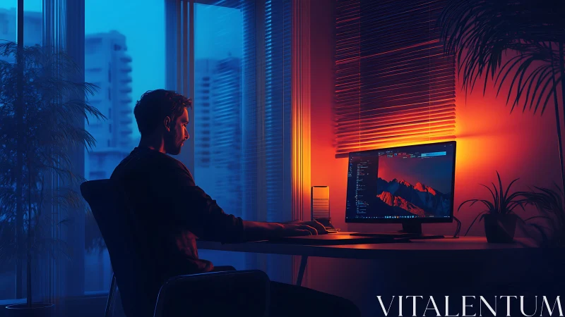 Cinematic home office workstation in dual-tone lighting design.