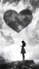 Silhouetted figure beneath dispersed heart shape in monochrome clouds.