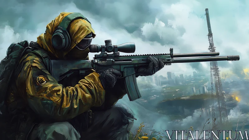 Urban lookout in stormy skies, a quiet tactical pause.