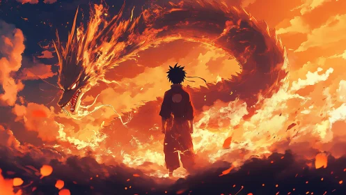 Backlit warrior facing volumetric flaming dragon entity.