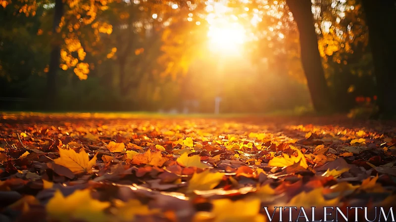 Low-angle autumn forest path captures sunlit leaf carpet sharply