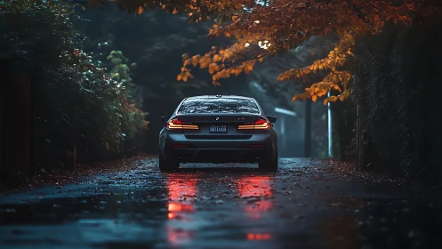 Rear BMW sports sedan under wet autumn foliage with reflective road