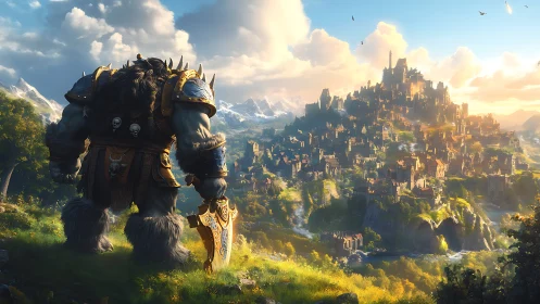 Armored orc warlord surveys sunlit mountain citadel below.