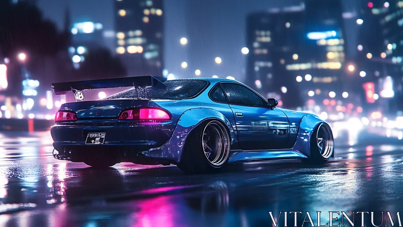 Widebody tuner coupe illuminates neon-soaked rainy city street