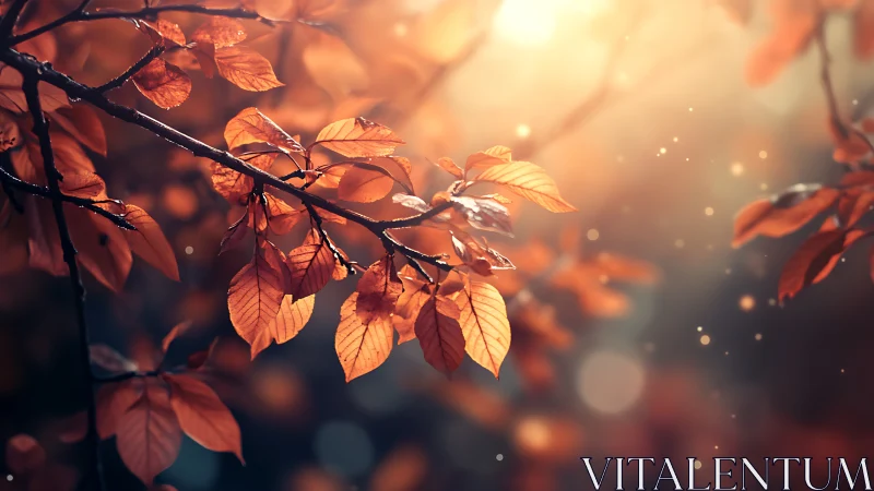 Golden autumn leaves glow gently in soft evening light