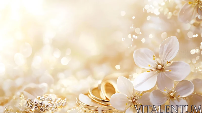 Golden wedding bands with white blossoms and bokeh glow.
