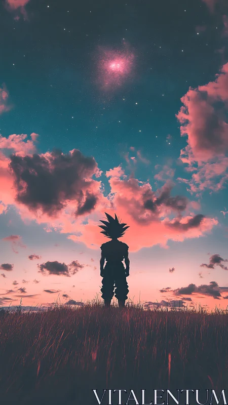 Lone anime warrior gazes into a glowing cosmic sunset sky