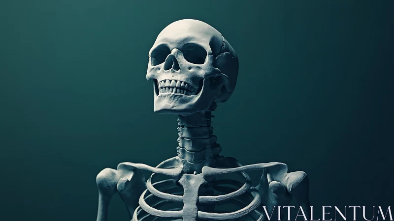 Stoic skeleton gazes upward in sculpted teal twilight.
