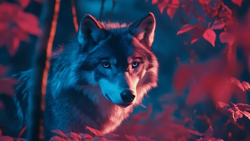Lone wolf gazes through neon forest haze in vivid contrast
