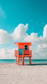 Vivid coral lifeguard tower on minimal tropical shoreline.
