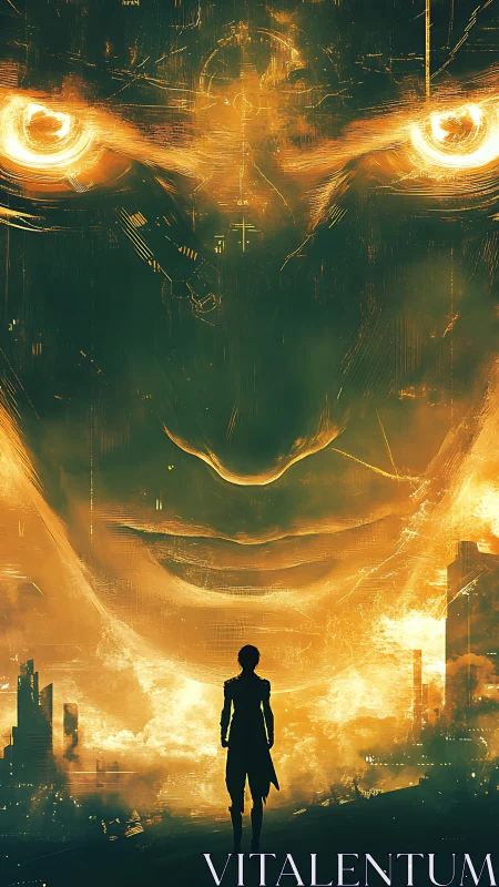 Lone figure confronts colossal AI face in blazing neon storm