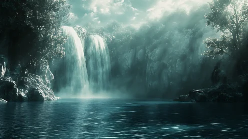 Waterfall and forest cliffs over calm reflective lagoon.
