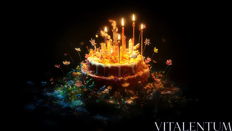 Luminous Birthday Cake with Lit Candles Surrounded by Blooming Flowers