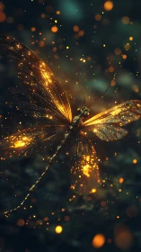 Luminous golden dragonfly amid ember-like bokeh sparks.
