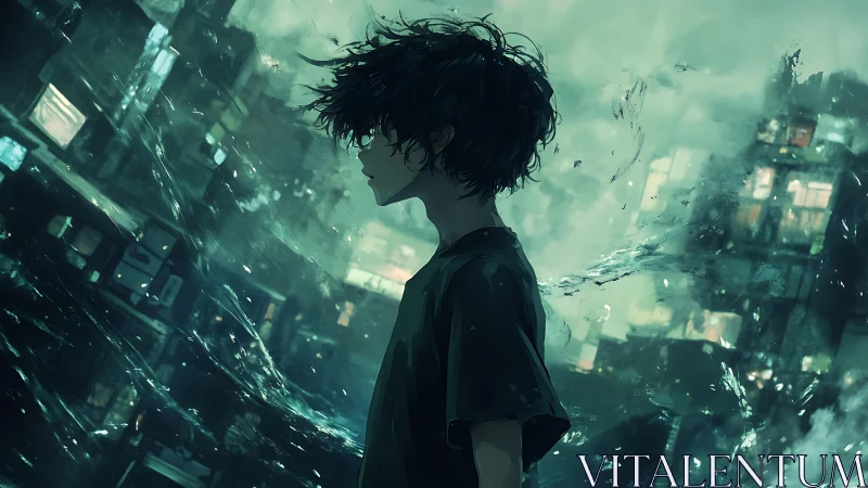 Solitary youth in aqua-urban vortex rendered in cinematic anime style