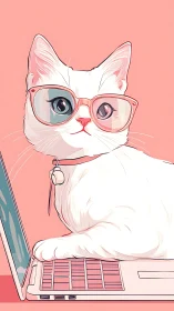 White Cat Wearing Pink Glasses at Laptop Computer