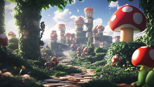 Mushroom towers in a lush fantasy garden landscape.