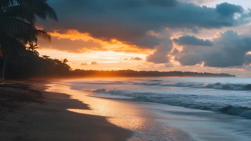 Coastal wave dynamics under low-angle tropical sunset illumination.