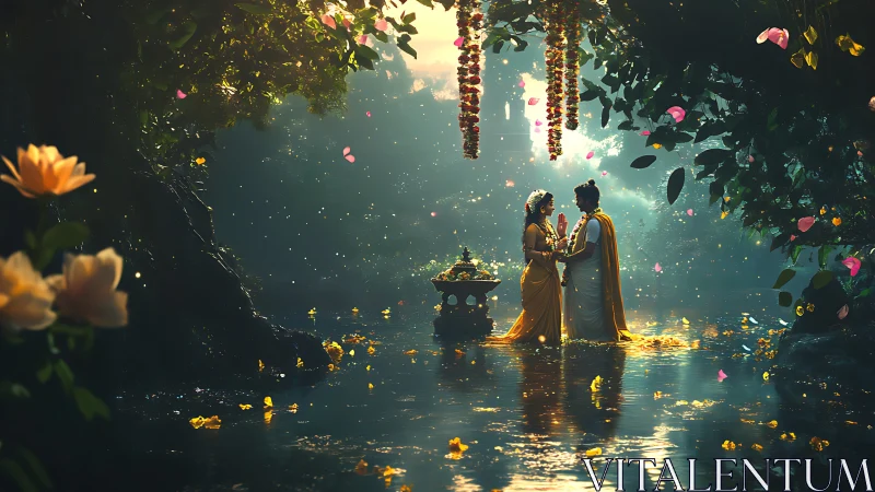 Mythic river courtship under volumetric forest light bloom.