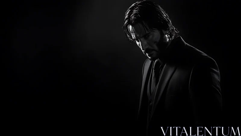 Solitary suited man in dramatic low-key monochrome light.