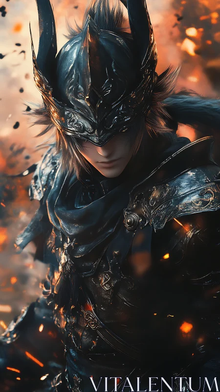 Ember-crowned dark knight strides through molten twilight storm.