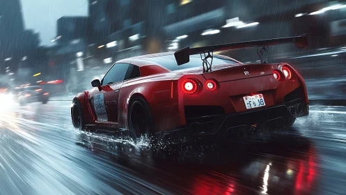 Photorealistic red GT-R race car in cinematic night rain scene.