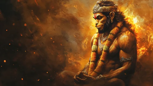Divine simian warrior in meditative firelit stillness.