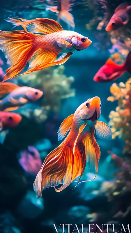 Vibrant betta fish glide through neon blue aquatic bokeh.
