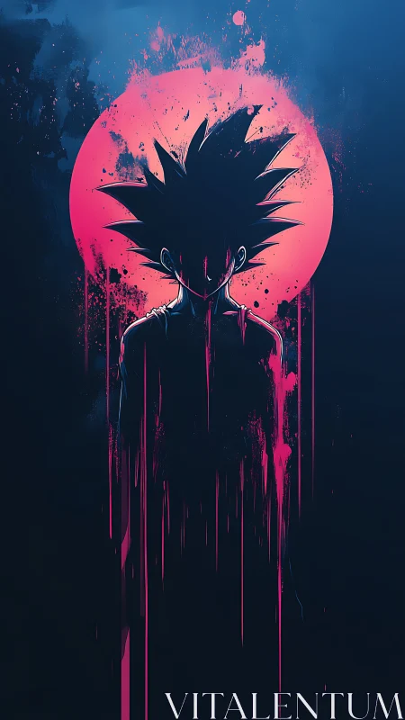 Silhouetted spiky-haired figure against neon pink moon.
