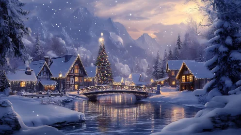 Snowy village bridge glows under a magical Christmas sky