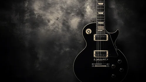 Photorealistic black electric guitar on moody textured backdrop.