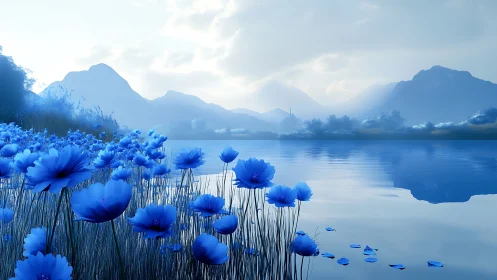 Blue wildflowers glow beside a misty mountain lake at dawn.