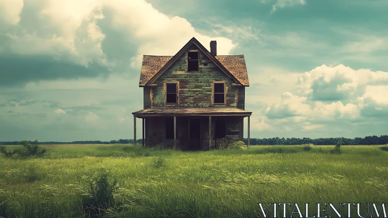 Weathered farmhouse standing alone in wide green field.