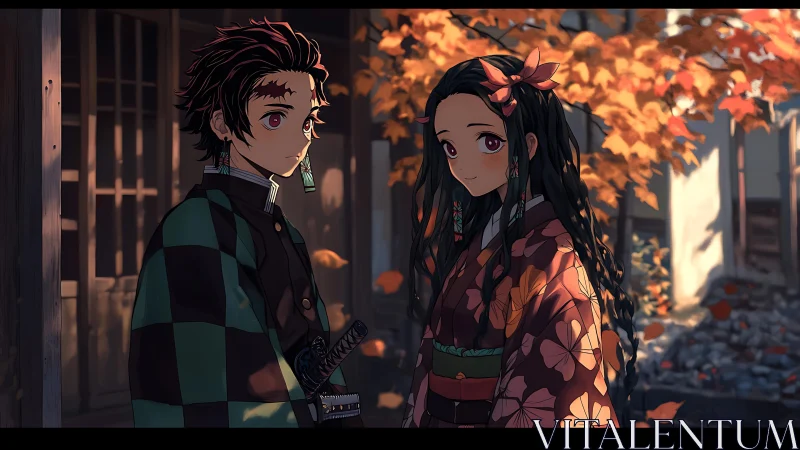 Anime pair in autumn garden wearing patterned kimono.