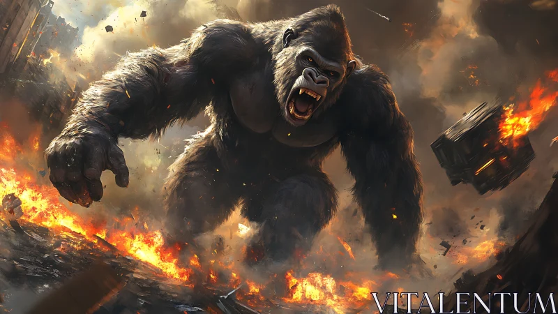 Giant gorilla storms burning city street amid flying debris