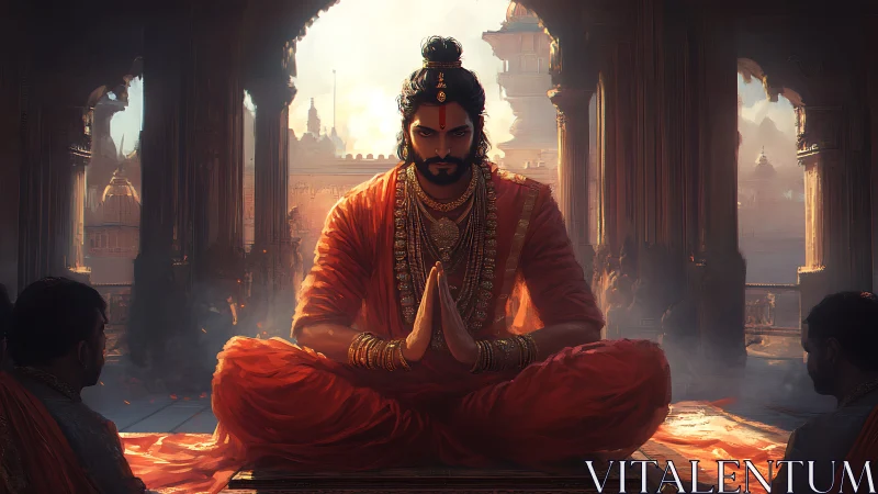 Regal yogi in crimson robes holding stillness in a temple.