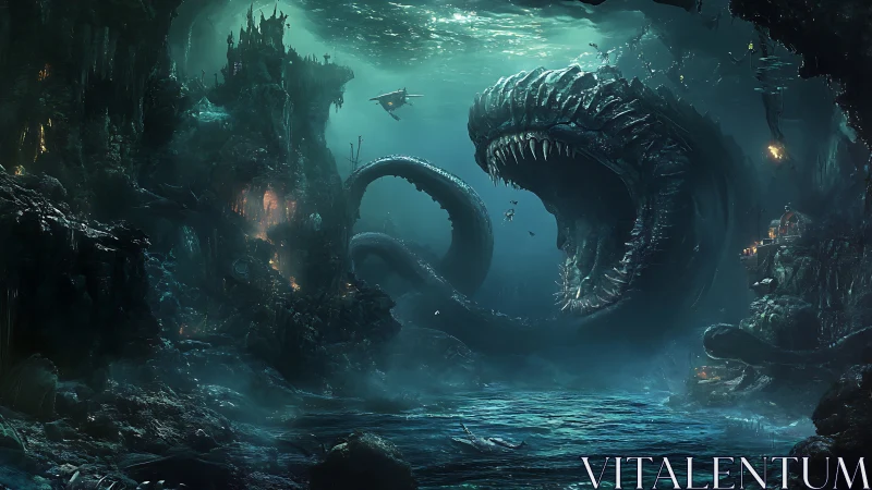 Colossal abyssal sea serpent attacking divers in flooded cavern