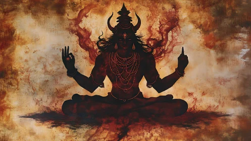 Silhouetted multiarmed deity figure sits in fiery meditation