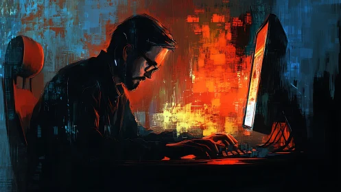 Late-night coder wrapped in neon glow and quiet focus.