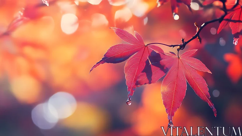 Gentle autumn maple leaves glowing in soft evening light.