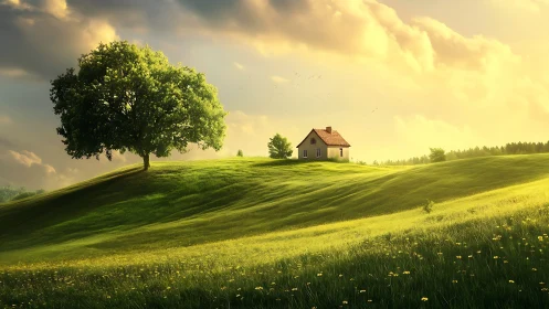 Isolated rural house on grassy hill under evening light.