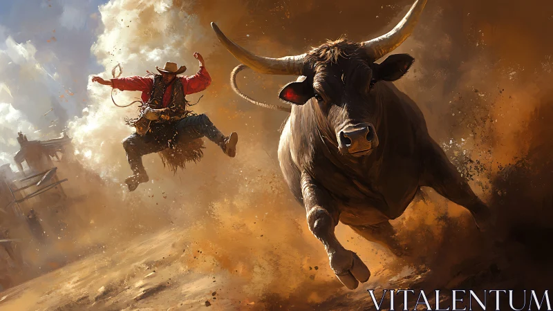 Charging bull and airborne cowboy rendered in dynamic digital realism