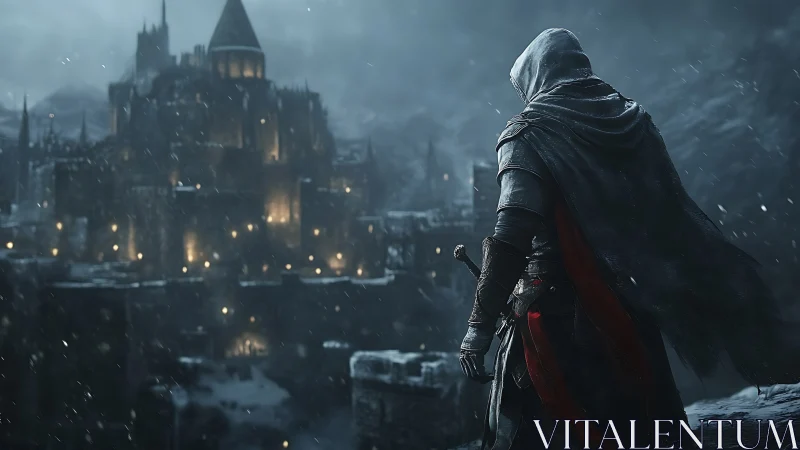 Hooded warrior studies a stormlit fortress before the assault.