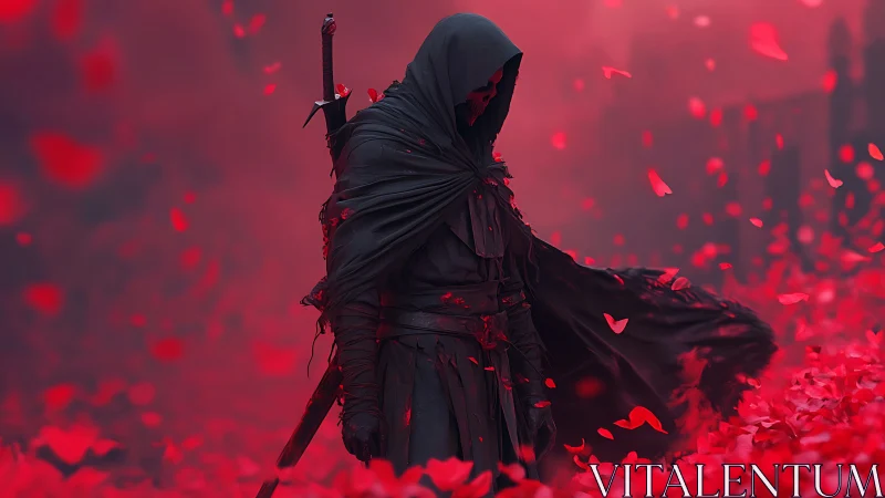 Hooded dark knight stands in storm of crimson petals.