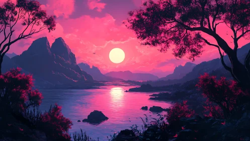 Neon sunset bathes tranquil mountain lake in dreamlike glow