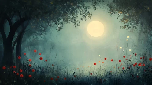 Moonlit forest meadow glows softly with crimson wildflowers