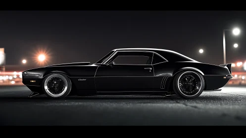 Low-slung black muscle car poised under urban night lights.
